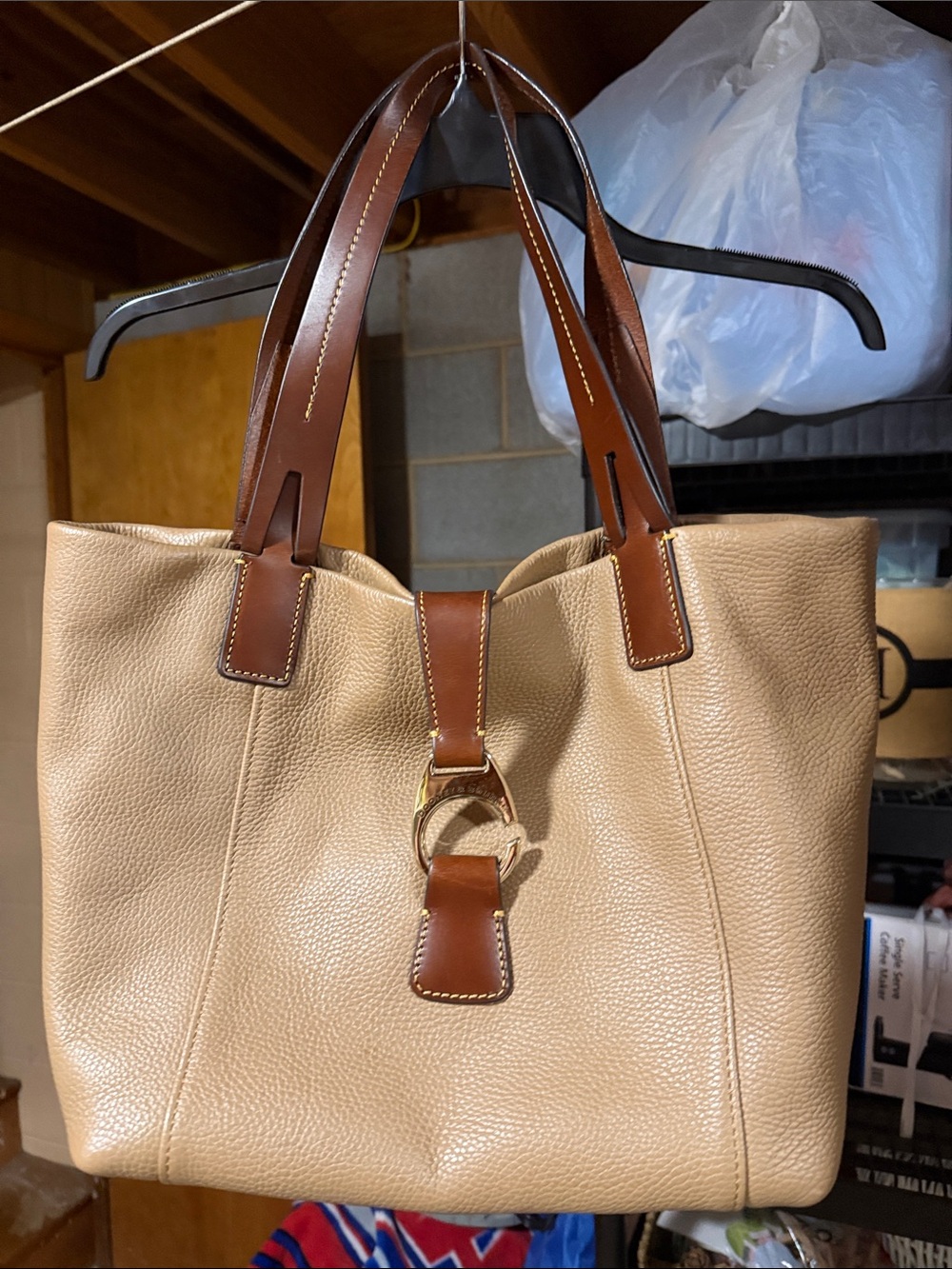 Dooney & Bourke Beige Pebbled Leather Tote with Brown Trim
